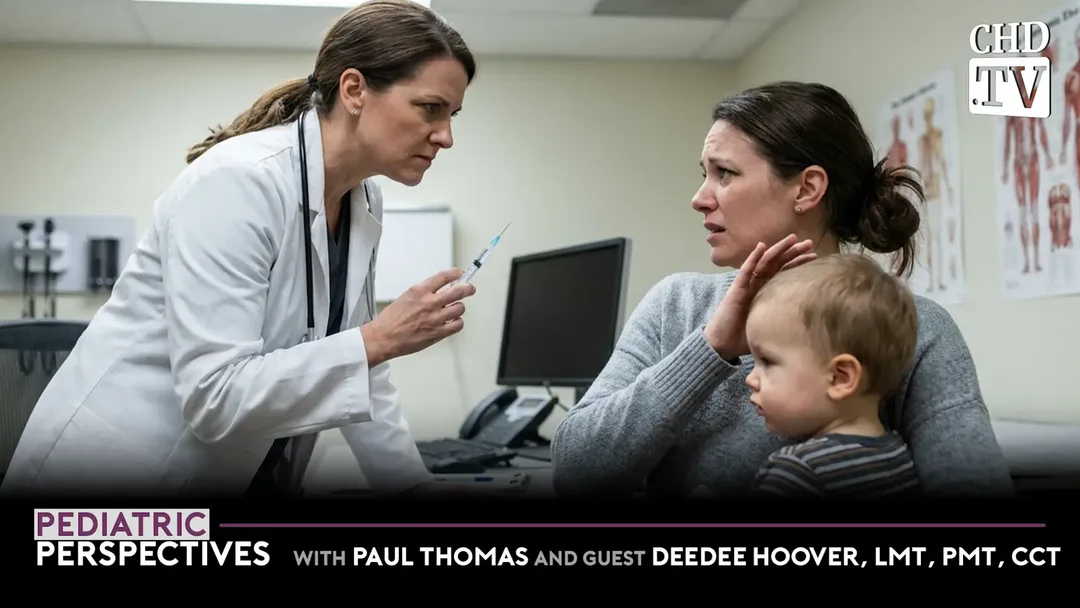 Show thumbnail for Pediatric Perspectives on CHD.TV featuring Dr. Paul Thomas and guest DeeDee Hoover, LMT, PMT, CCT, with a doctor holding a syringe facing an apprehensive mother and child.