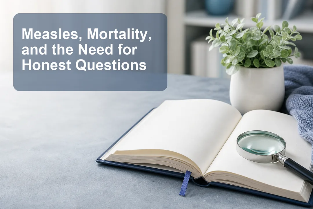 Open notebook and magnifying glass beside a small green plant on a cool blue-gray table