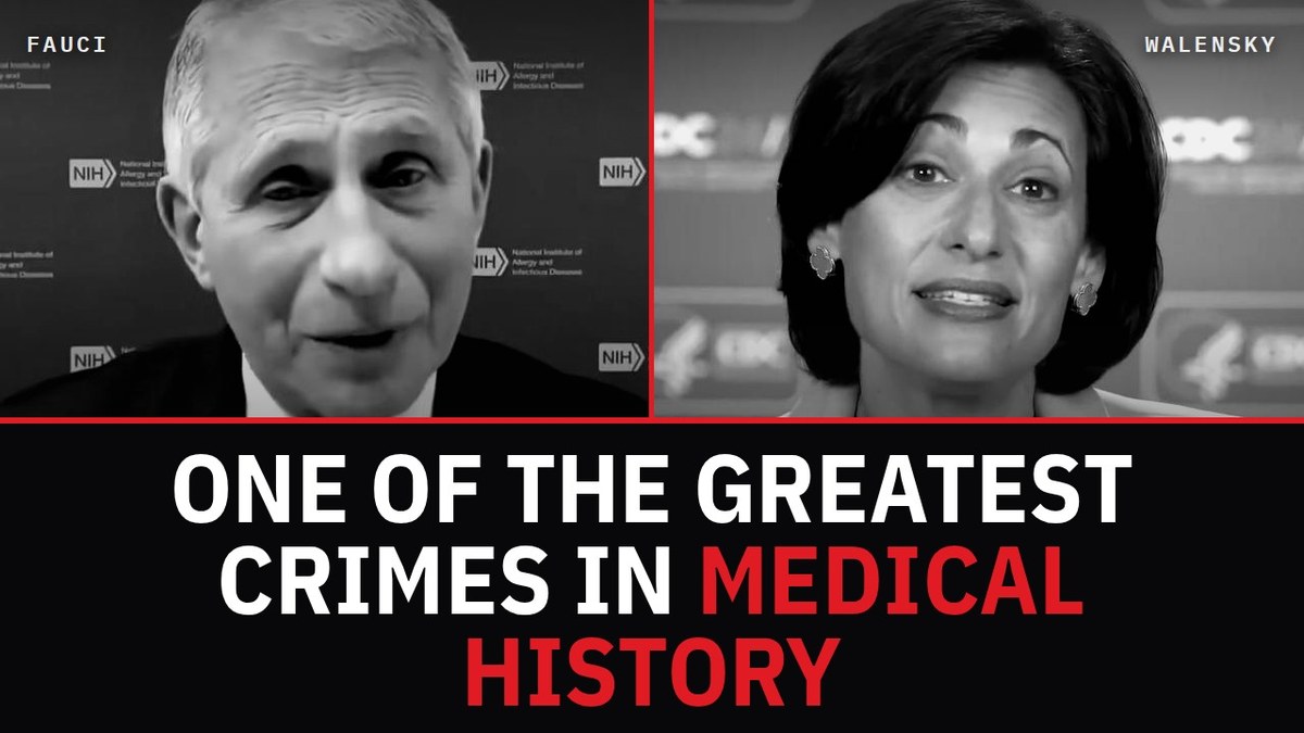 Black-and-white portraits of Fauci and Walensky above documentary evidence headline