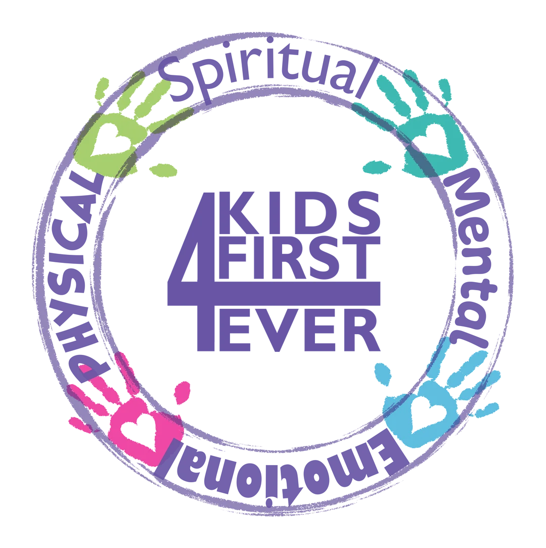 Kids First 4Ever logo with blue brushstroke heart, purple stacked text, and pink child handprint